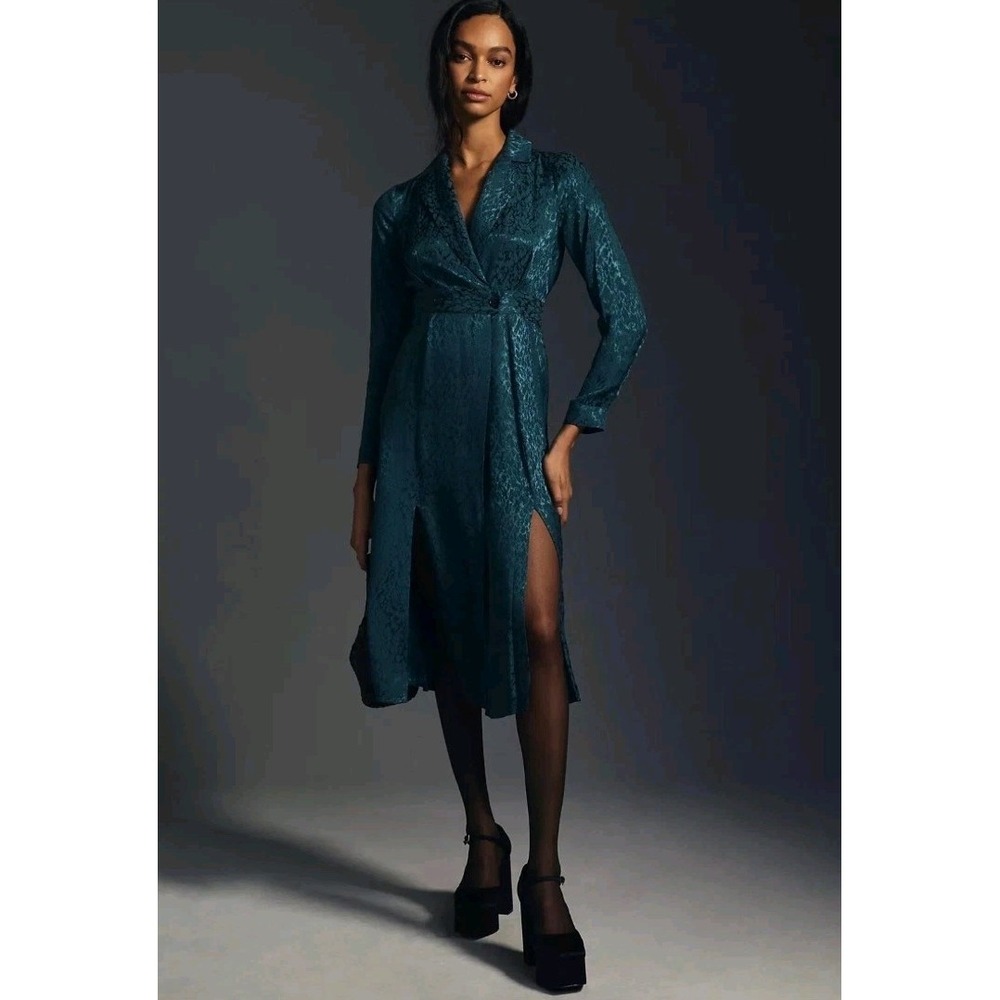 Anthropologie Blue Shimmer Patterned Blazer Wrap Long Sleeve Midi Dress Size 10